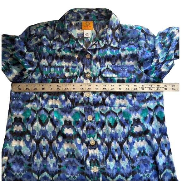 Ruby Rd. Petite Button-Up Tunic Top 10P Blue & Green Abstract Print 3/4 Sleeves - Picture 6 of 7